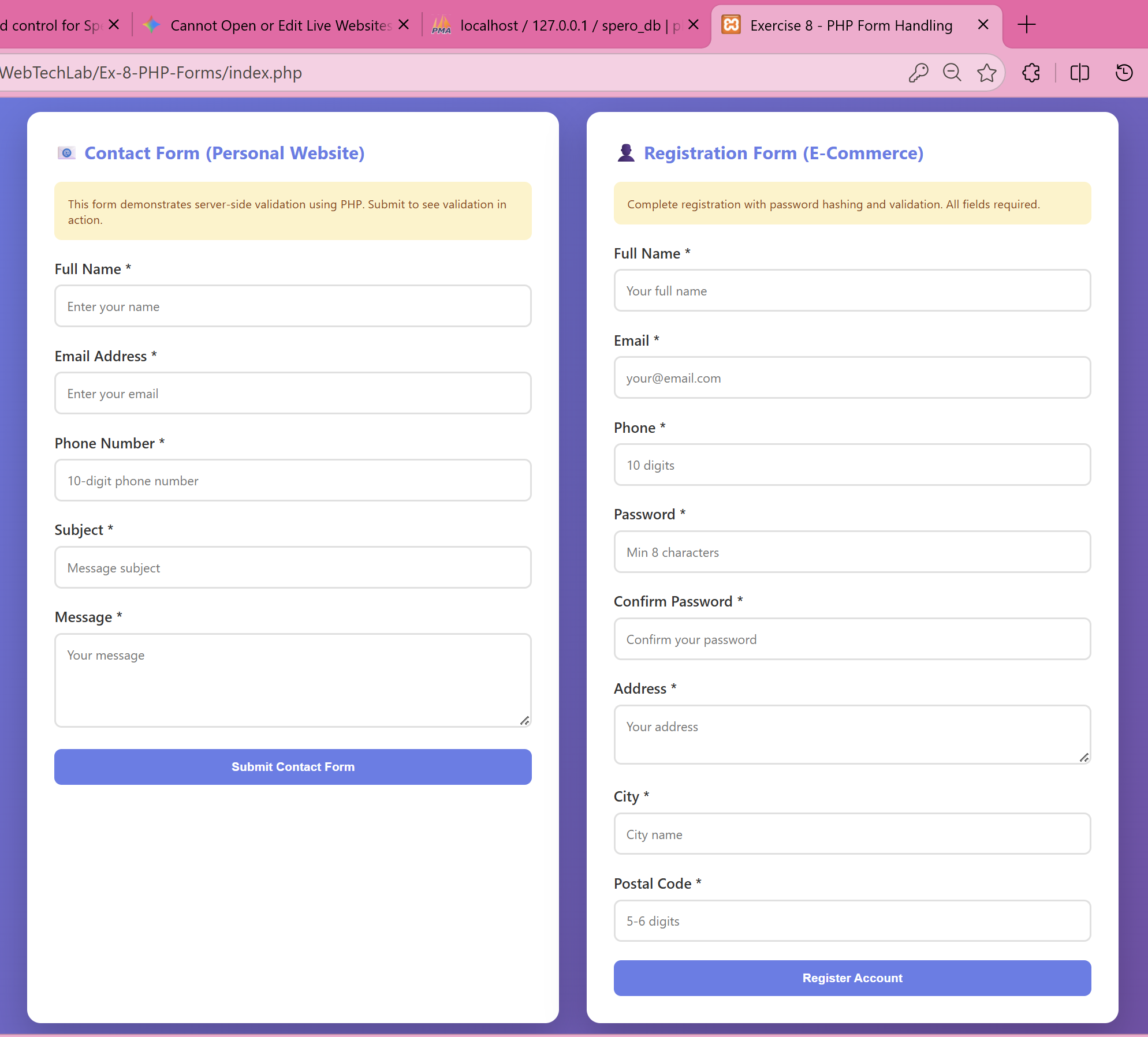 Contact Form and Registration Form UI running on localhost via XAMPP