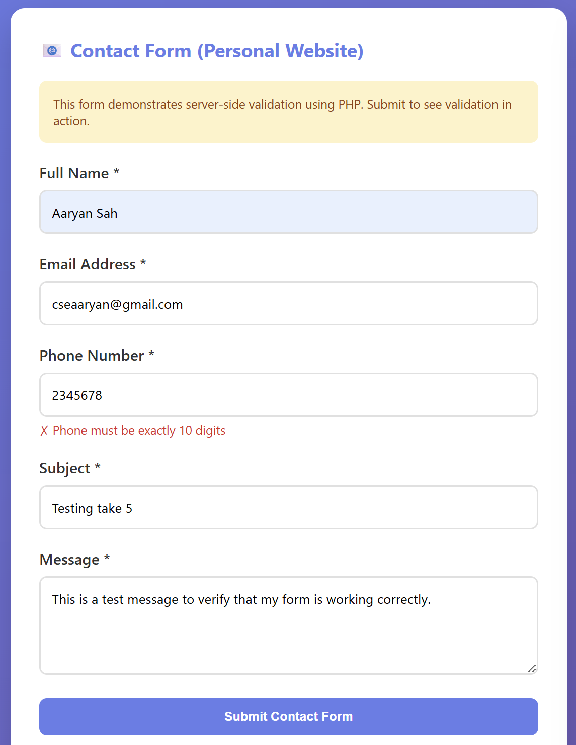 PHP server-side validation showing phone number error — must be exactly 10 digits