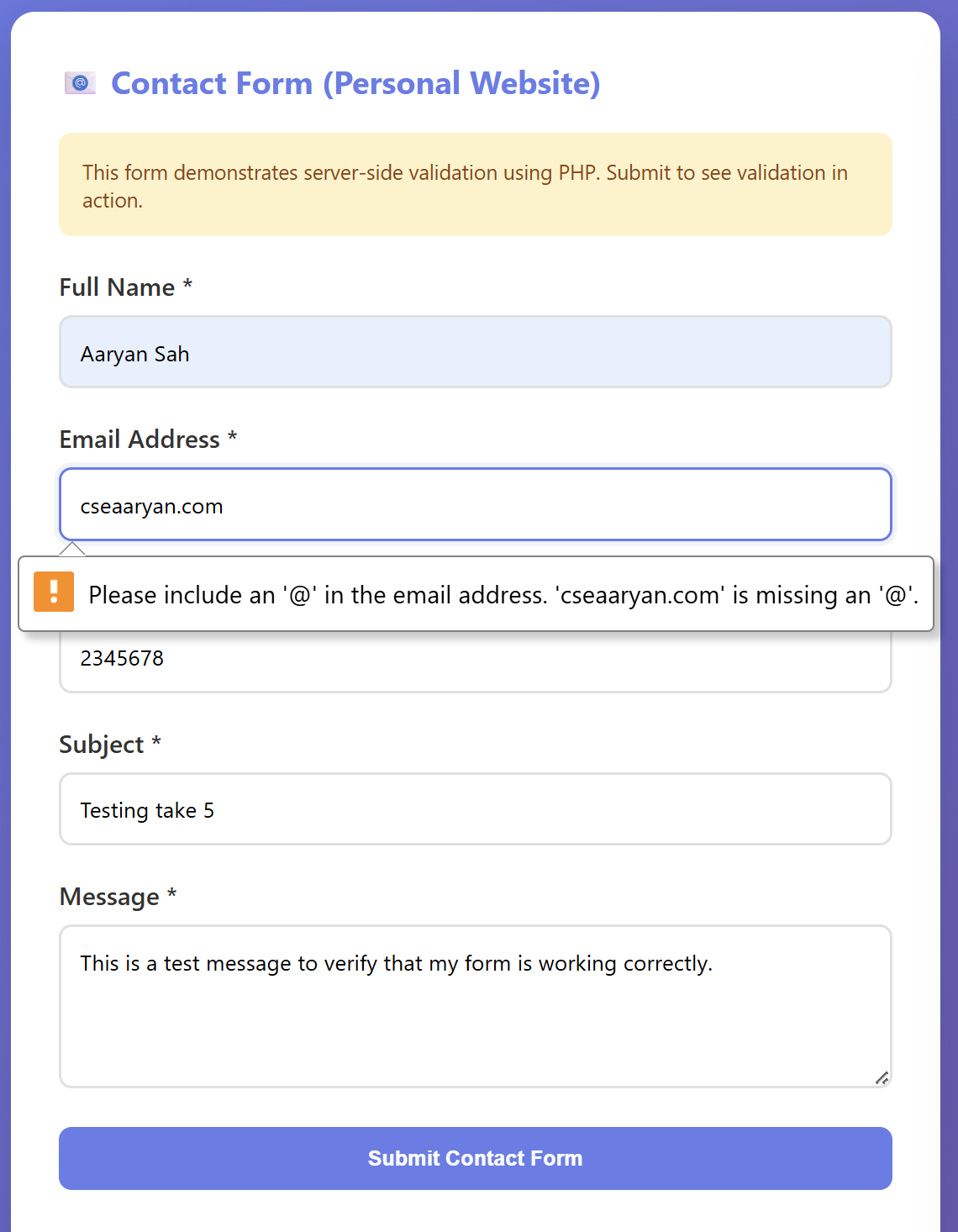 Browser tooltip showing email format validation — missing @ symbol