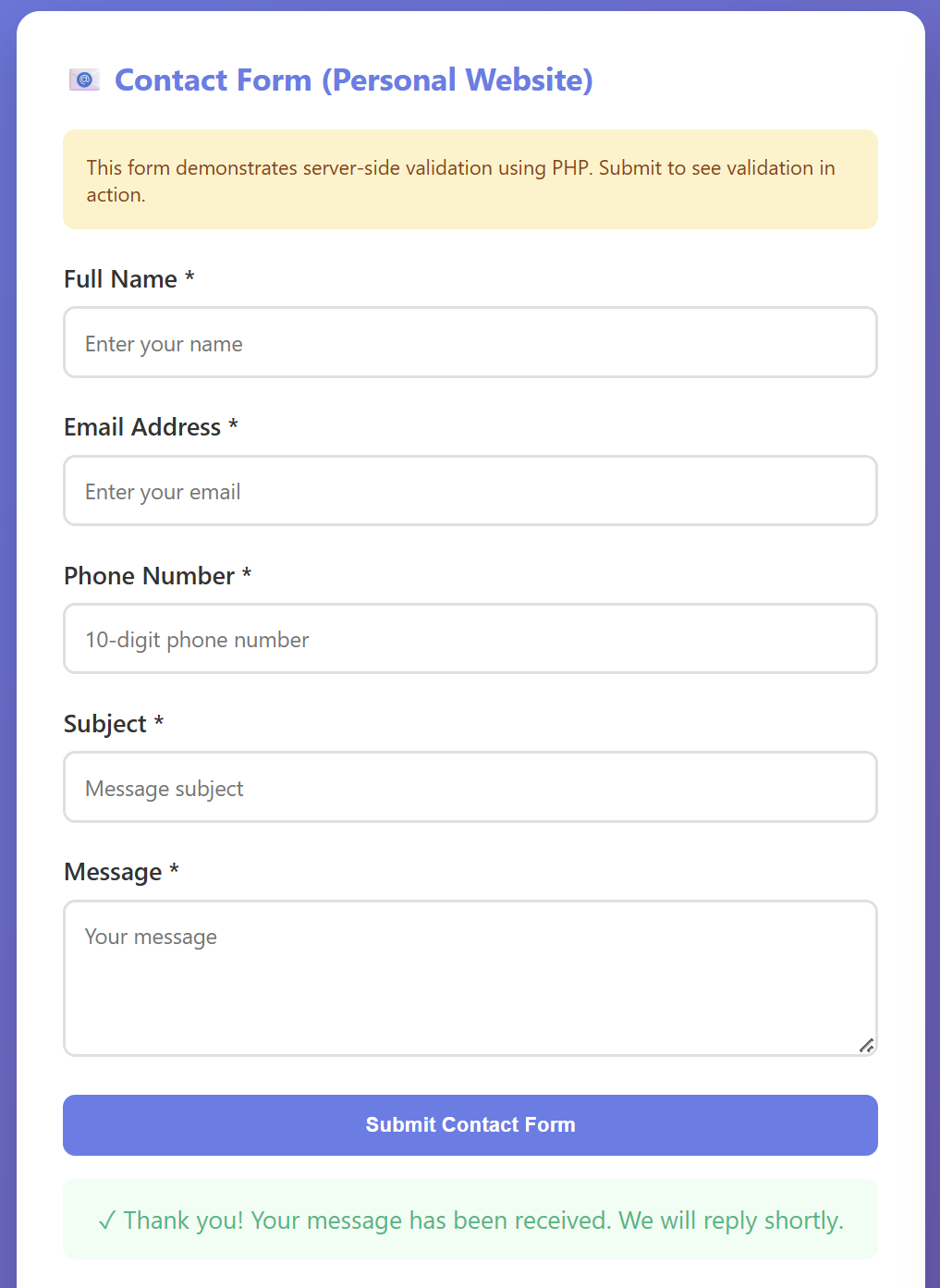 Form showing green success message