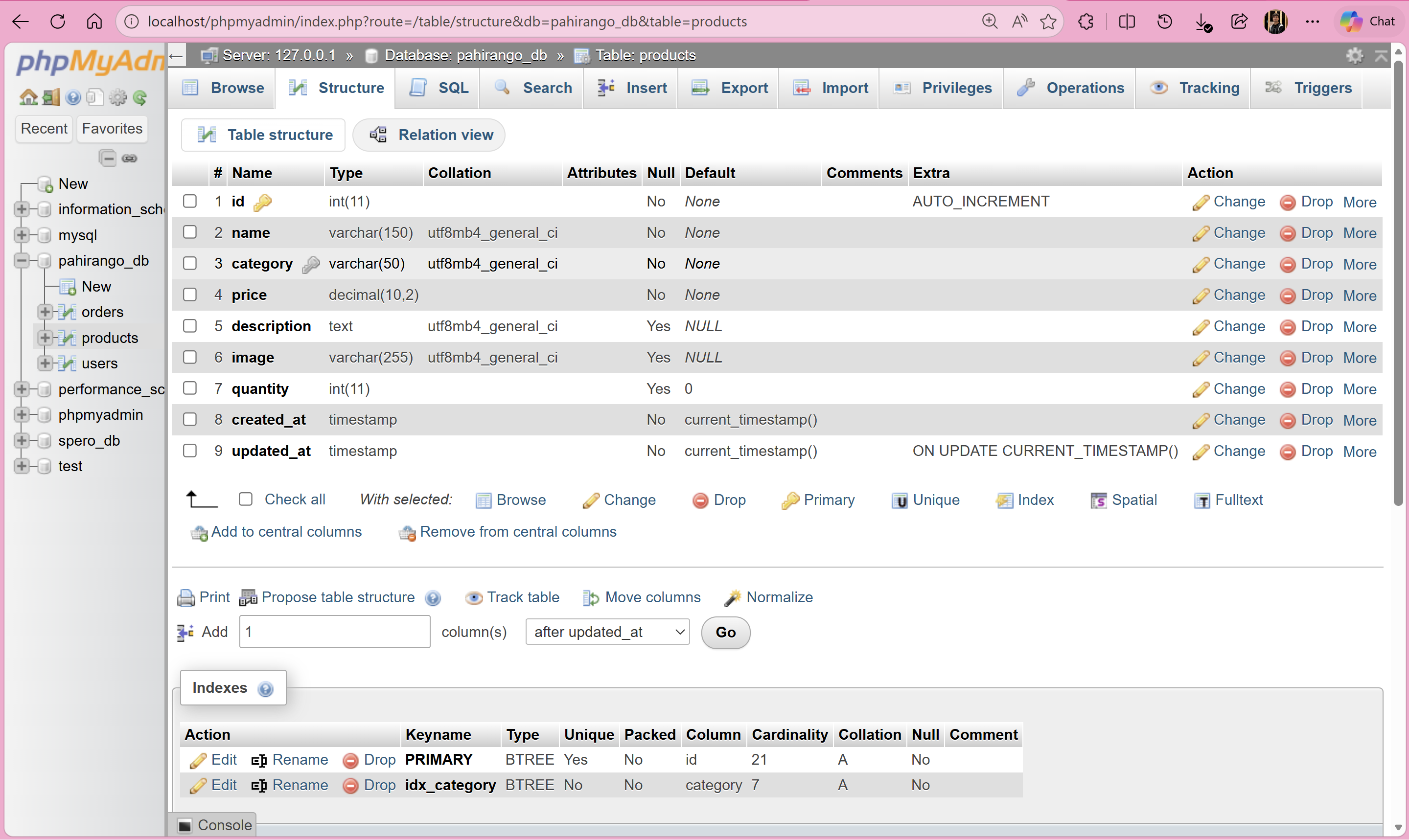 phpMyAdmin showing products table structure
