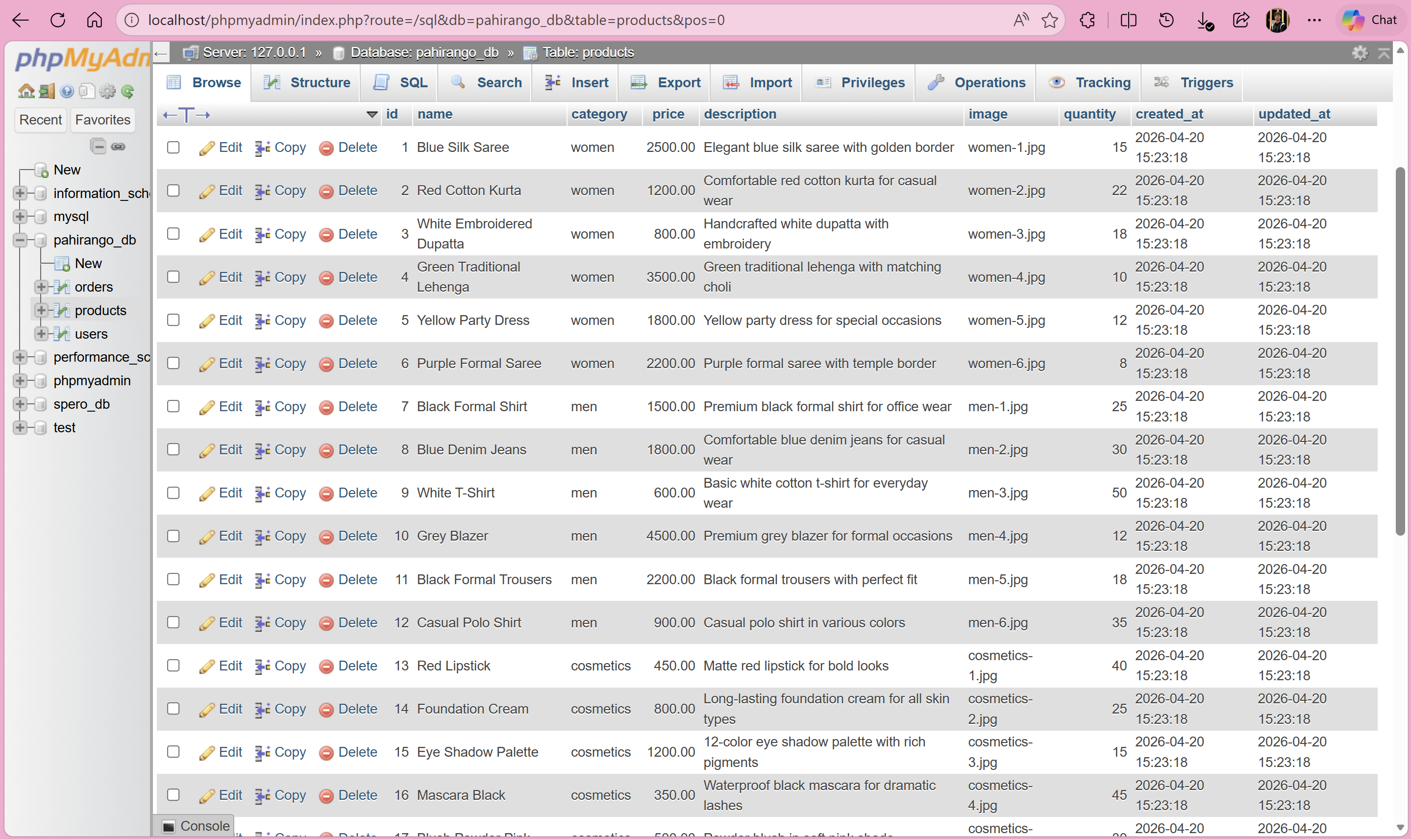 phpMyAdmin browse view showing all product records